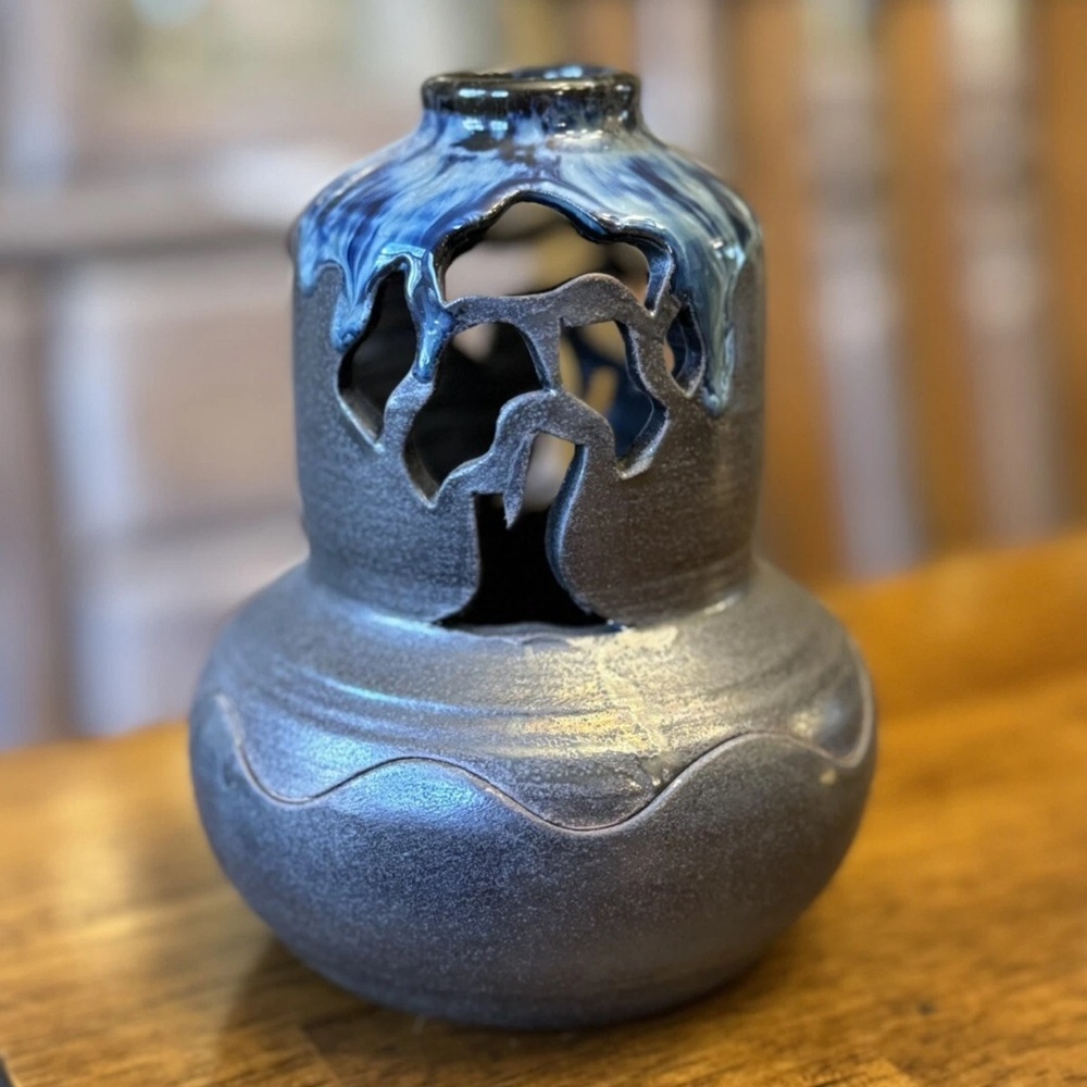 Ceramic Studio Art Pottery Votive Candle Holder Tree Of Life Two Piece 6”